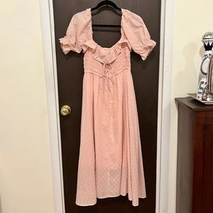 Pink Cotton Puff Sleeve Midi Dress Large